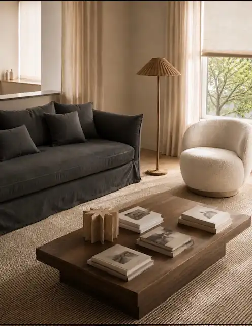 Salón con sofá oscuro y mesa de centro de madera
